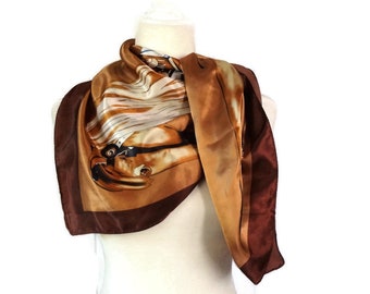 Equestrian  Scarf in Shades of Brown,  100% Silk Square  Wrap, Hermes, Made in Paris,  34 x 34 inches