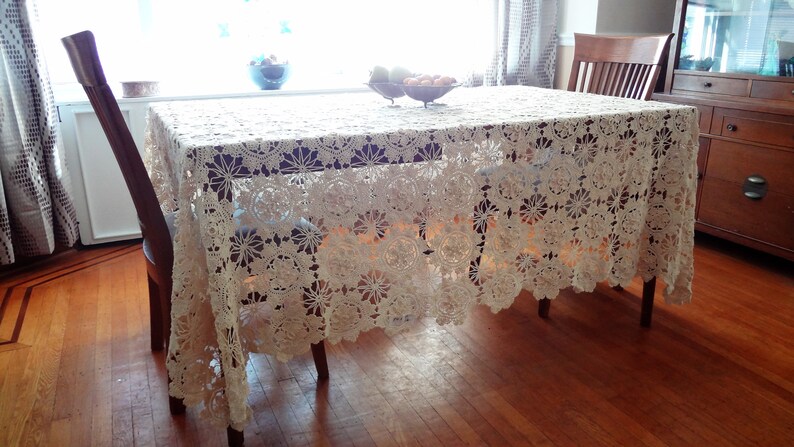 Large Hand Crocheted Off White Tablecloth Lace Table Cover Image 0