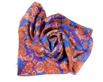 Floral Scarf, Long Sheer Polyester Scarf, Blue Background Burnt Orange Flowers, Made in Italy, 62" x  15", NEVER WORN P28