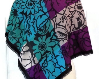 Large Square Floral Scarf, Vibrant Colors on Black Background, Purple/Turquoise/Green/Beige, Colorful Shawl or Wrap, Head Scarf, 35" Square