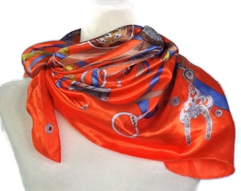 Designer Inspired Equestrian Silk Scarf, Large Square Orange Wrap, Head Scarf, Made in France, Original Tag, 34 x 34 Inches,  NEVER WORN.