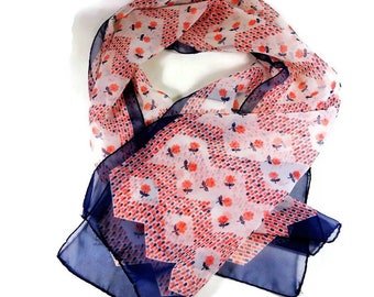 Sheer Polyester  Scarf,  Pink and Blue Country Design on White Background, 42" x 14" Vintage Bandana, Kerchief, Head Scarf