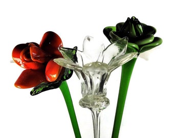 Bouquet of Three Large Vintage Glass Flowers, 19"-20" Long Handmade Glass Flowers, Glass Art, Glass Sculpture, Home Decor