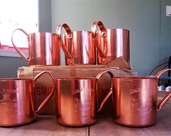 Smirnoff Vodka Moscow Mule Mugs, 6 New Old Stock copper color aluminum mugs NOS Advertising Mugs in Original Box,  Barware, 1982