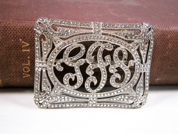 Marcasite Initial Brooch, Sterling Silver and Mar… - image 1