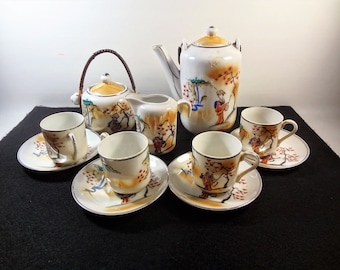 Childs Porcelain Tea Set by Qualitex, Edleweiss, 13 Piece Asian Hand Painted Tea Set, 1950's