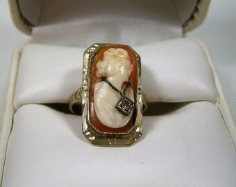 Antique Shell Cameo Ring With Diamond, 14K White Gold, Victorian Woman, Small, Size  4.5, Pinky Ring, 1920's, Vintage Ring