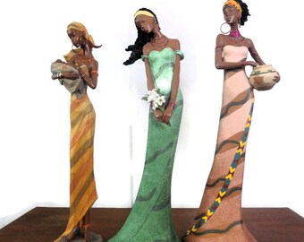 Elegant African Woman Figurine, Three Young Ladies in Tribal Dress, Your Choice of One African Art Statue, African Decor, 12 1/2" Tall,