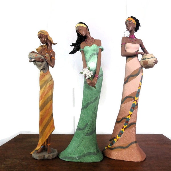 Elegant African Woman Figurine, Three Young Ladies in Tribal Dress, Your Choice of One African Art Statue, African Decor, 12 1/2" Tall,