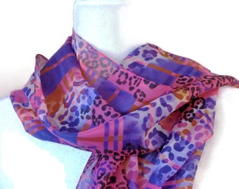 Long Colorful Silky Softy Polyester Scarf Made in Italyu, Pink and Purple Plaid with Abstract Floral Design 62 x 15 Inches