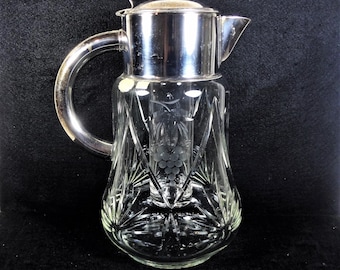 Lead Crystal Wine Pitcher with Ice Insert., Grape Leaf and Sunrise Psttern,  Silver Plate Top and Handle, Made in Western Germany