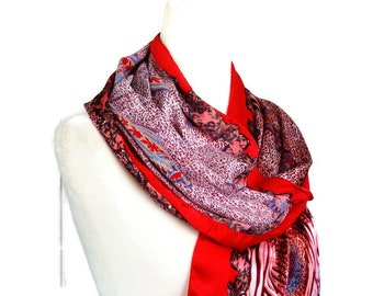 Long Silk Scarf, Black and White Animal Print Scarf, Paisley Designs,  Red Border,  Colorful Wrap, 64 x 18 Inches