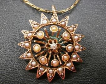 Victorian Starburst Brooch/Pendant,  Seed Pearl and Diamond Pin, Marked BBB, Bailey Banks & Biddle, 1870's, Gold Filled Pendant and Chain,