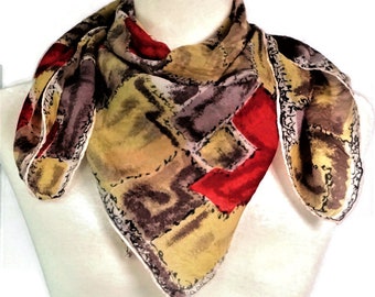 Colorful Square Scarf,  Lightweight Sem-Sheer Wrap, Abstract Design in Red/Gray/Yellow/Black/White, Head Scarf, 30 x 28 Inches.