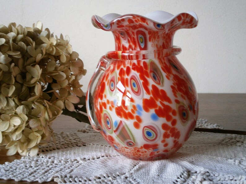 Murano Millefiori Art Glass Vase With Ruffled Edge Clear Image 0