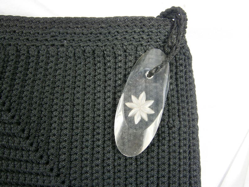crocheted clutch, black handbag, crochet purse, lucite zipper pull, black evening bag, large clutch bag, crochet pocketbook, 1940's image 4