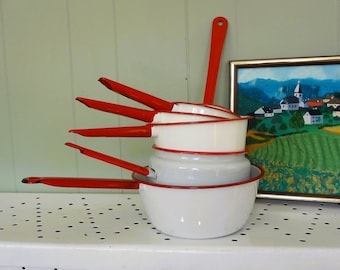 Vintage Enamelware Pots, Set of 5 + Ladle, Red & White, French Country Style Farmhouse Decor