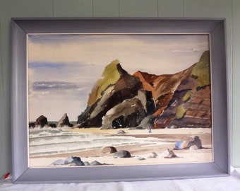 Original Watercolor on Board, Large Seascape "Rocky Coast of Oregon", Signed Jackson, Coastal Painting, Beach Scene, 28" x 20"