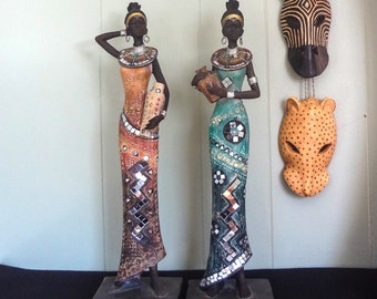 African Woman, Tribal Figurine, African Tribal Art, Ethnic Woman Figurine, Woman Holding Vessel, Resin Statue, 16"
