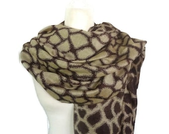 Reversible Animal Print Scarf, Large Fringed Wrap, Brown and Beige Shawl, 68 x 29 Inches,  Lightweight Woven Scarf