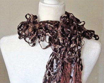 Long fringed silk Scarf, Openwork Necklace, Animal Print Scarf, Lattice Net Scarf, Ladder Scarf, 6" Silk Fringe