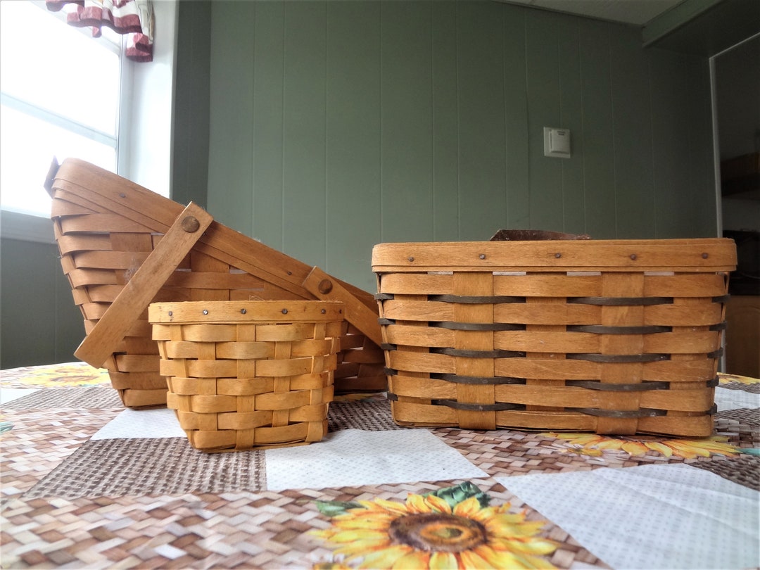 3 Longaberger Hand Woven Wood Baskets, Mediam Vegetable Basket, Medium