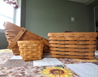 3 Longaberger Hand Woven Wood Baskets, Mediam Vegetable Basket, Medium Key Baske, Small Wall Baskett