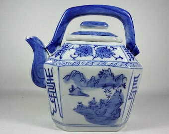 Vintage Chinese Tea Pot, Hand Painted Porcelain, Blue & White