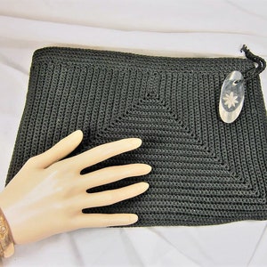 crocheted clutch, black handbag, crochet purse, lucite zipper pull, black evening bag, large clutch bag, crochet pocketbook, 1940's image 1