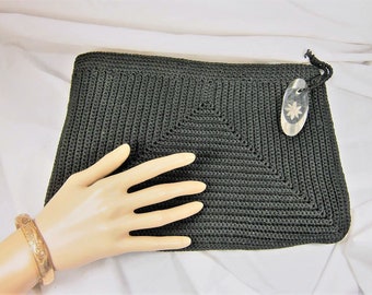 crocheted clutch, black handbag, crochet purse, lucite zipper pull, black evening bag, large clutch bag, crochet pocketbook, 1940's