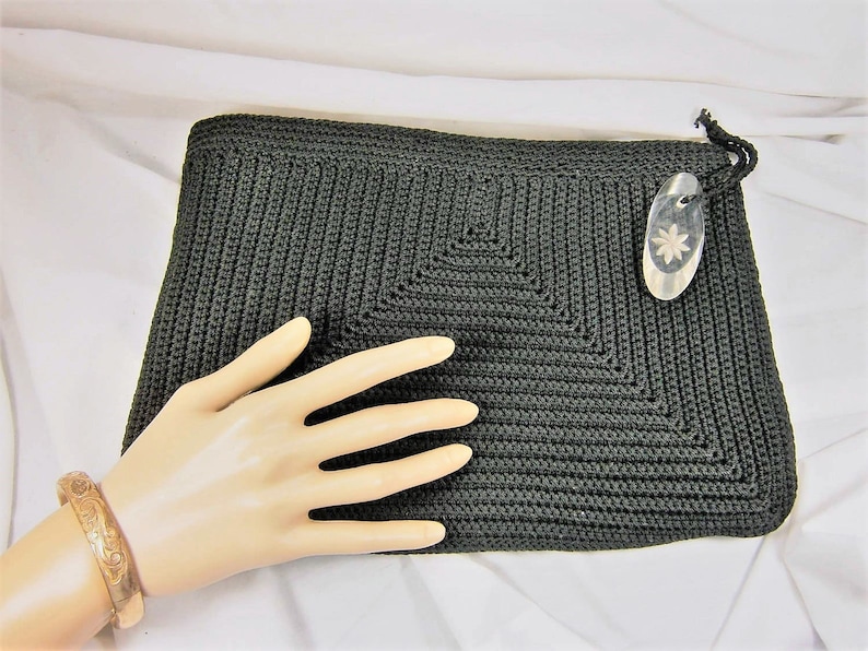 crocheted clutch, black handbag, crochet purse, lucite zipper pull, black evening bag, large clutch bag, crochet pocketbook, 1940's image 1