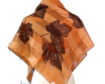 Square Polyester Floral Scarf, Beige and Brown Striped Wrap, Head Scarf, Shawl, 38 x 38 Inches, NEVER WORN,