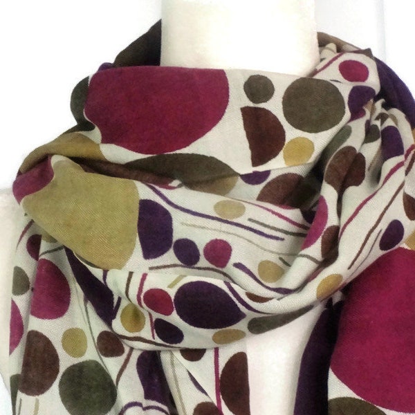 Designer Scarf, Marks & Spencer, Long Woven Acrylic Wrap, Small and Large Polka Dots, Browns/Greens/Purples, 72 x 23 Inches, NEVER WORN