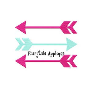 May include: Three arrows pointing to the right. The top and bottom arrows are pink, and the middle arrow is light blue. The text "Fairytale Applique" is below the arrows.