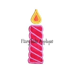 May include: A pink and white swirl birthday candle with a yellow flame.
