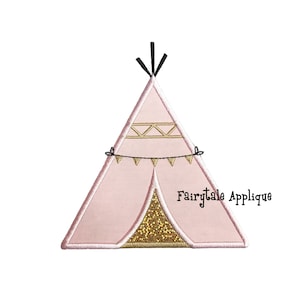 May include: Pink felt teepee with gold glitter accents and a string of flags. The teepee is embroidered with the text "Fairytale Applique".
