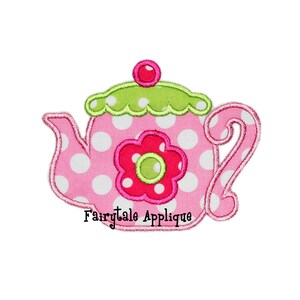 May include: Pink and green teapot applique with white polka dots and a pink flower with a green center.