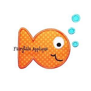May include: Orange fish applique with a white eye and a smiling mouth. The fish is surrounded by three blue circles.
