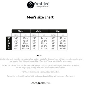 May include: A size chart for men's clothing with measurements in inches and centimeters. The chart includes chest, waist, and hip measurements for sizes XS, S, M, L, and XL.