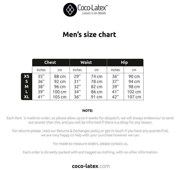 May include: A size chart for men's clothing with measurements in inches and centimeters. The chart includes chest, waist, and hip measurements for sizes XS, S, M, L, and XL.
