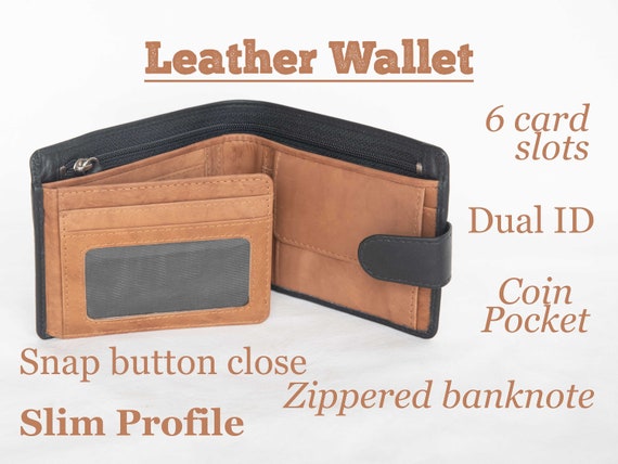 Leather Wallet for Men, Bifold Wallet with Snap Button Closure, Leather Purse for Him, Coin Wallet