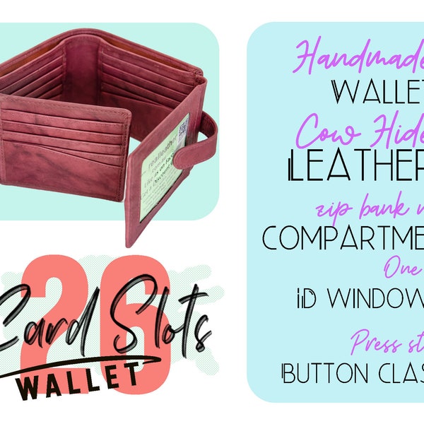 MENS 4 fold wallet | 26 Card slots | Organise your cards | Zip Bank-notes Sleeve | Press Stud Clasp Closure | Cowhide Leather Gents Wallet