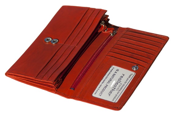 Cartera de mano de cuero para mujer 14 ranuras para tarjetas Ventana para DNI Billetera plana