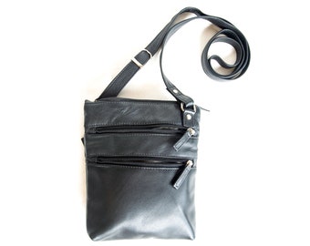 Bolso bandolera de piel negra / Múltiples bolsillos / Correa ajustable
