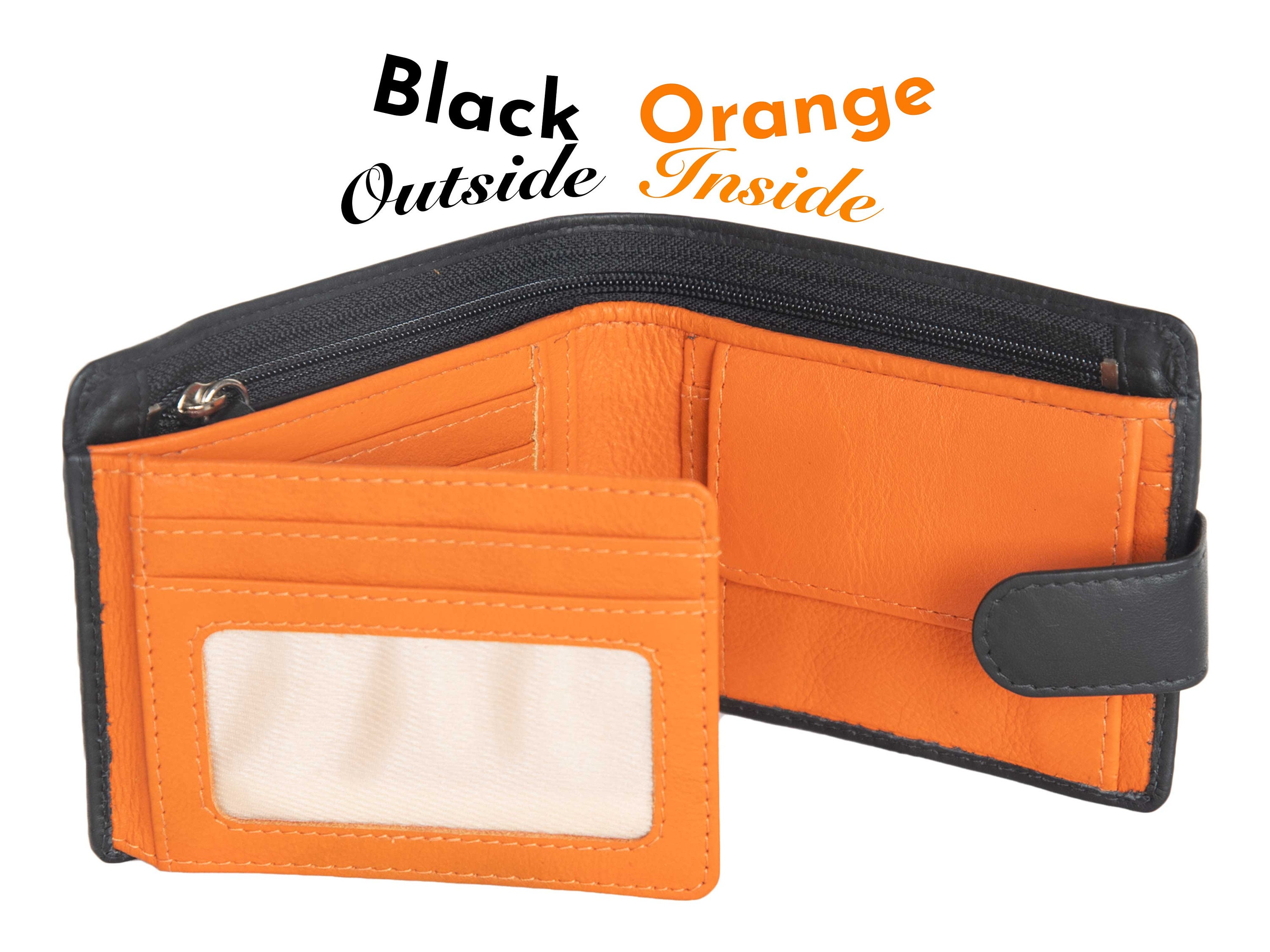 Leather orange coin purse id slot snap pocket w/ 6 credit card slots