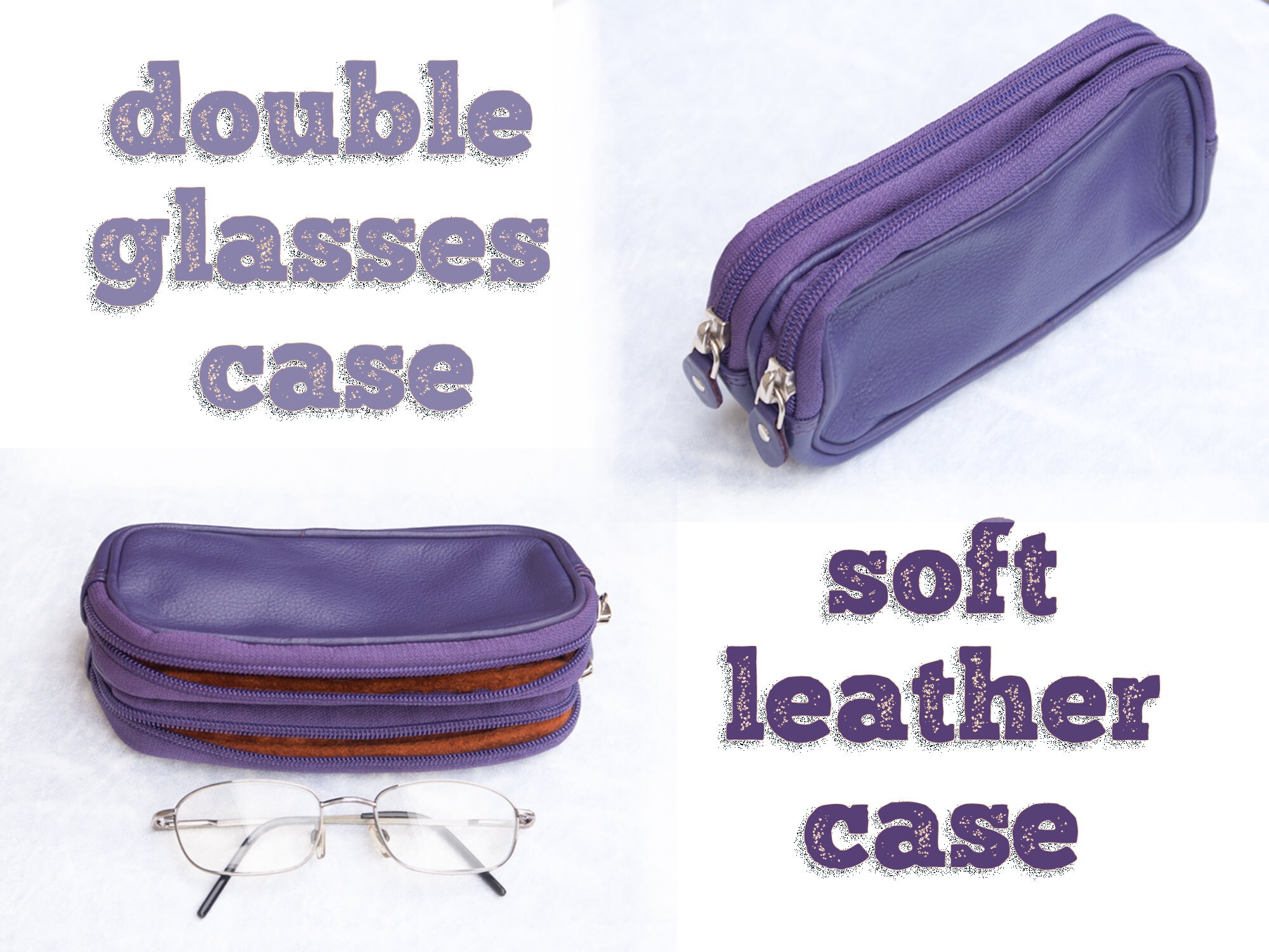 Soft Leather Roundish Double Glasses Case | Zip Closure | Eyeglass