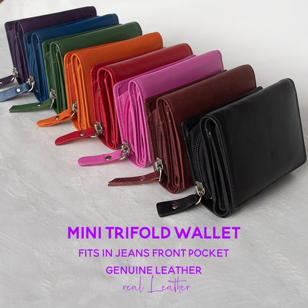 Women's Leather Wallet | Palm-size Mini Wallet | Zip-around Outside Coin Purse | Compact Wallet | Mini Trifold Wallet  | Real Leather wallet