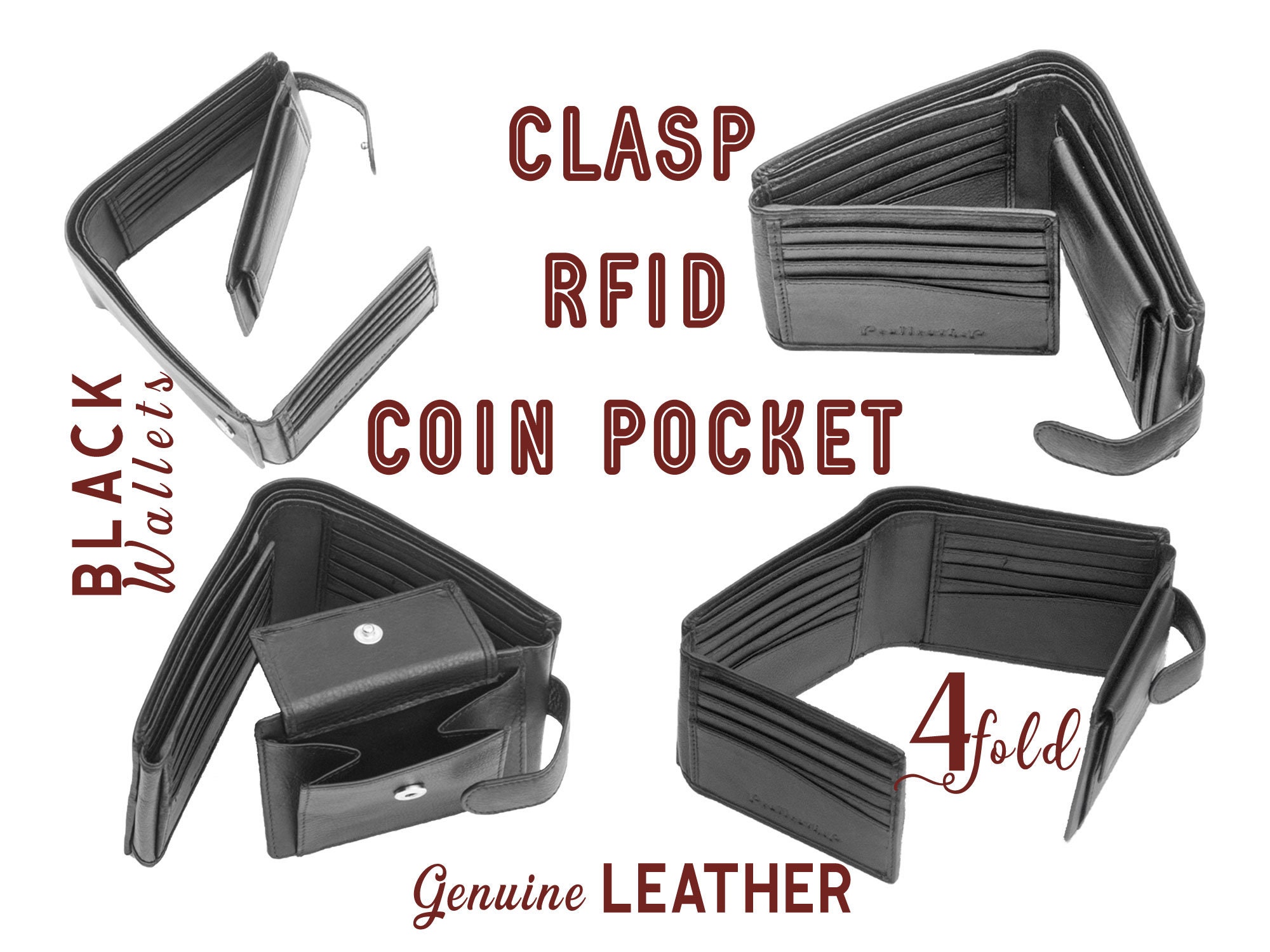 MENS 4 Fold Wallet 20 Card Slots Wallet With Coin Purse Press Stud