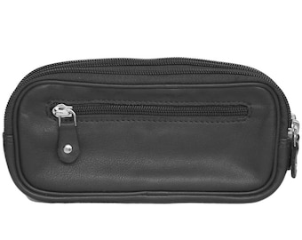 Estuche de cuero para dos gafas con trabilla para cinturón y monedero