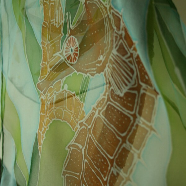 Hand-painted Batik Art Silk Scarf - Seahorses in Eel Grass